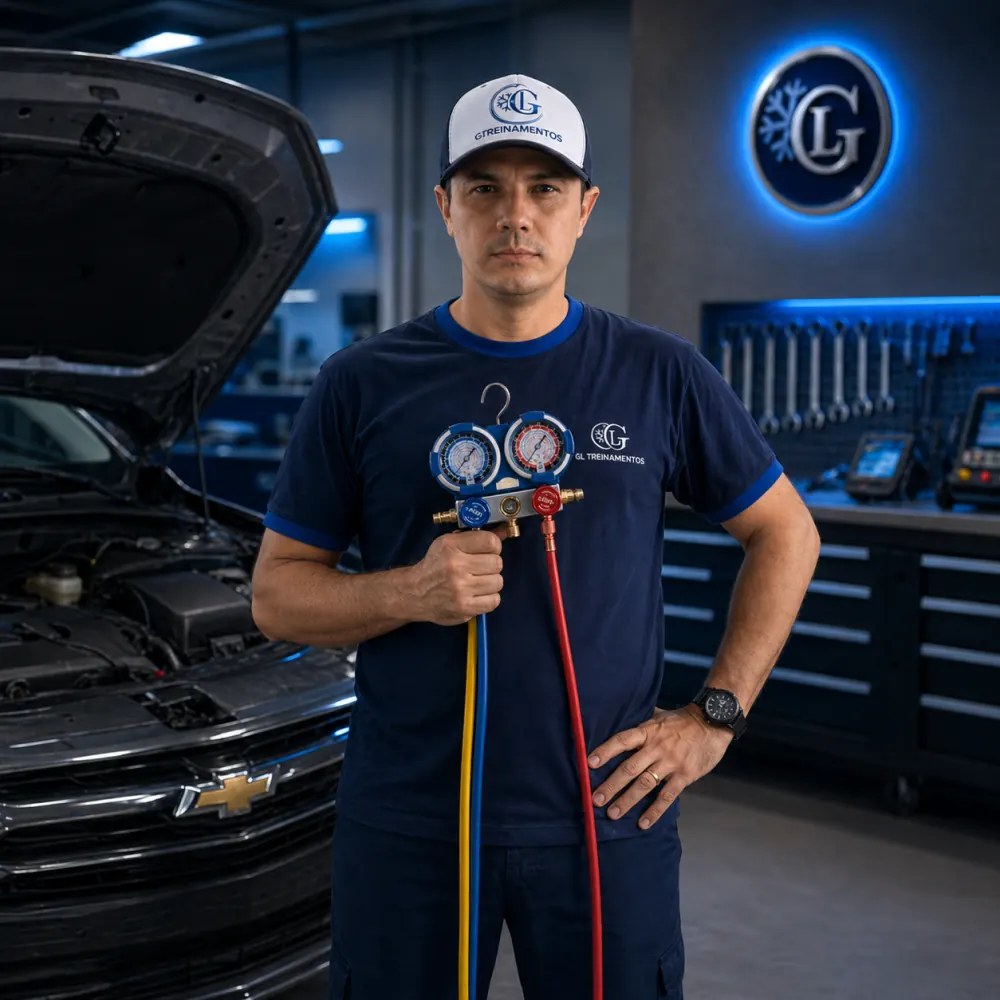 Giliard segurando manifold de ar condicionado na oficina